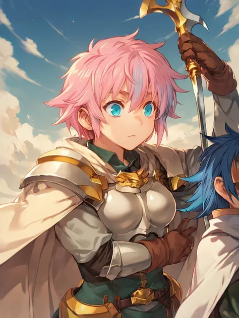 score_9, score_8_up, score_8, <lora:rance_pony_v1-0:0.8>
sill plain, 1girl, breasts, short hair, blue eyes, gloves, 1boy, blue hair, weapon, pink hair, cape, armor, capelet, shoulder armor