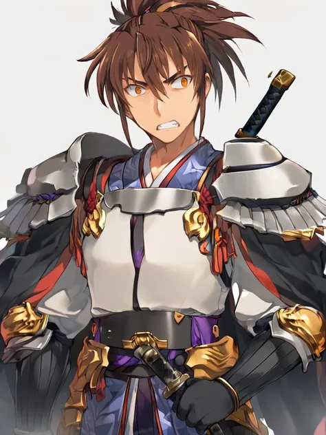 score_9, score_8_up, score_8, <lora:rance_pony_v1-0:0.8>
yamamoto rangi, fullbodycg, solo, simple background, brown hair, gloves, 1boy, white background, ponytail, weapon, male focus, japanese clothes, teeth, sword, armor, orange eyes, katana, clenched teeth, shoulder armor, sheath, sheathed, japanese armor, sode, samurai , white background