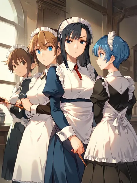 score_9, score_8_up, score_8, <lora:rance_pony_v1-0:0.8>
biscuitt burns, long hair, short hair, blue eyes, multiple girls, brown hair, black hair, blue hair, 3girls, apron, maid, maid headdress, duster