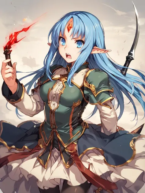 score_9, score_8_up, score_8, <lora:rance_pony_v1-0:0.8>
reset kalar, 1girl, solo, long hair, open mouth, blue eyes, dress, blue hair, weapon, pantyhose, pointy ears, knife, elf, magic, forehead jewel