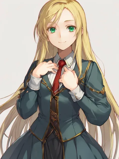 score_9, score_8_up, score_8, <lora:rance_pony_v1-0:0.8>
sheila helman, blonde hair,  very long hair, green eyes, necktie, long sleeves, 
1girl, solo, looking at viewer, smile, hand on own chest , 
fullbodycg, white background, simple background,