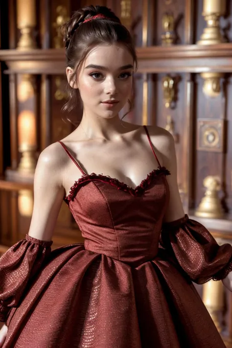 real, atmospheric scene, masterpiece, best quality, (detailed face, detail skin texture, ultra-detailed body) short small petite beautiful ha1leest-smf <lora:haileesteinfeld_lora_smf_03-000002:0.9>  red velvet ball gown, hair up hairstyle, (dynamic pose:1.2),  eye contact,  (slender narrow hips), (slender thighs),  <lora:real_skin:0.4>,  <lora:anti_longtorso_v10:1.0>, detailed eyes