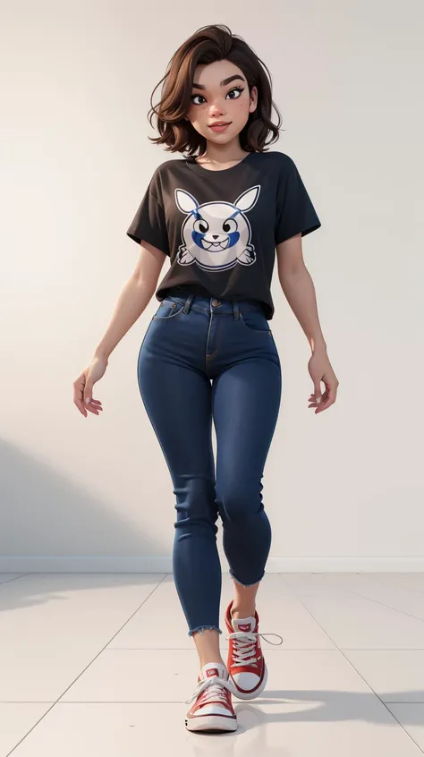 <lora:haileesteinfeld_lora_smf_03:1> ha1leest-smf as cartoon character, walking, black tshirt, denim jeans, converse shoes, brown hair, looking at viewer, perfect hands, ultra realistic digital art, a 3D render, photorealism, clean scene, white background, white wall, red carpet, shinny floor, white floor, <lora:p3r3zstyle:0.6>