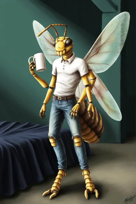 male, wasp, anthro, insect, arthropod, yellowjacket wasp, hymenopteran, 2 toes, 4 arms, 4 wings, antennae anatomy, arthropod abdomen, black eyes, white shirt, jeans, insect wings, hooks, mandibles, multi arm, multi limb, solo, multi wing, topwear, bottomwear, clothed, wings, digitigrade, bedroom, hi res, holding mug, mug, tired, tired expression, brown hair, <lora:anthro_waspv1:0.8>, <lora:add_detail:0.5>