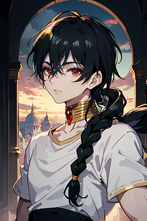 masterpiece, best quality, high quality, 1boy, solo, male focus, looking at viewer, upper body, judar_magi, black hair, jewelry, red eyes, long hair, braid, shirt, <lora:judar_magi:0.54>