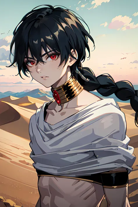 masterpiece, best quality, high quality, 1boy, solo, male focus, looking at viewer, upper body, judar_magi, black hair, jewelry, red eyes, long hair, braid, shirt, <lora:judar_magi:0.54>, desert