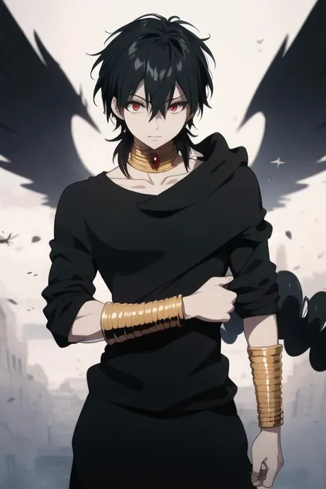 masterpiece, best quality, high quality, 1boy, solo, male focus, looking at viewer, upper body, <lora:judar_magi:0.76>, judar_magi, black hair, jewelry, red eyes, long hair,