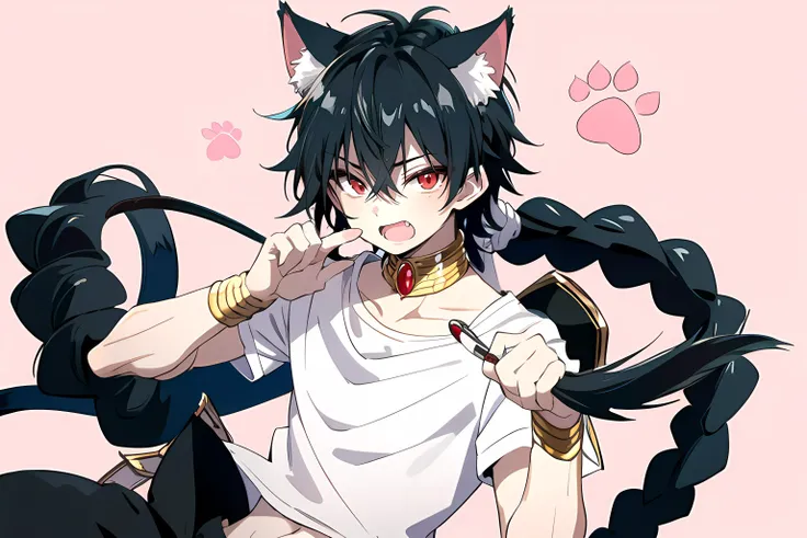 masterpiece, best quality, high quality, 1boy, solo, male focus, looking at viewer, (cat ears:1.1), neko theme, annoyed, open mouth, single fang, pose, judar_magi, black hair, jewelry, red eyes, long hair, braid, cropped shirt, harem_pants, <lora:judar_magi:0.7>, HD wallpaper, paw prints, pastel pink background