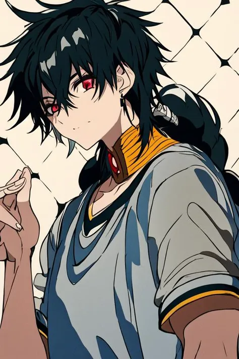masterpiece, best quality, high quality, 1boy, solo, male focus, looking at viewer, upper body, <lora:judar_magi:0.66>, judar_magi, black hair, jewelry, red eyes, long hair, sportswear