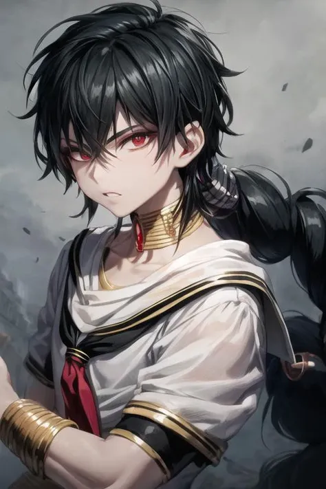 masterpiece, best quality, high quality, 1boy, solo, male focus, looking at viewer, upper body, <lora:judar_magi:0.72>, judar_magi, black hair, jewelry, red eyes, long hair, school uniform