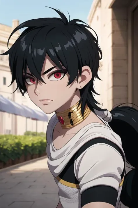 masterpiece, best quality, high quality, 1boy, solo, male focus, looking at viewer, upper body, <lora:judar_magi:0.66>, judar_magi, black hair, jewelry, red eyes, long hair, sportswear