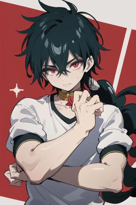 masterpiece, best quality, high quality, 1boy, solo, male focus, looking at viewer, upper body, <lora:judar_magi:0.74>, judar_magi, black hair, jewelry, red eyes, long hair, gym uniform