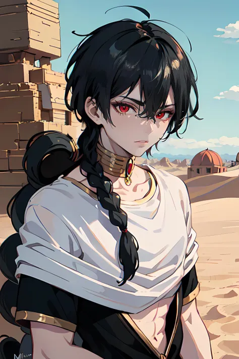 masterpiece, best quality, high quality, 1boy, solo, male focus, looking at viewer, upper body, judar_magi, black hair, jewelry, red eyes, long hair, braid, shirt, <lora:judar_magi:0.54>, desert