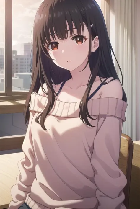 yumeirido, <lora:yume irido s1-lora-nochekaiser:1>,
yume irido, long hair, bangs, (black hair:1.5), hair ornament, (brown eyes:1.5), hairclip,
BREAK collarbone, off shoulder, sweater, off-shoulder sweater, pink sweater,
BREAK indoors, classroom,
BREAK looking at viewer, (cowboy shot:1.5),
BREAK <lyco:GoodHands-beta2:1>, (masterpiece:1.2), best quality, high resolution, unity 8k wallpaper, (illustration:0.8), (beautiful detailed eyes:1.6), extremely detailed face, perfect lighting, extremely detailed CG, (perfect hands, perfect anatomy),