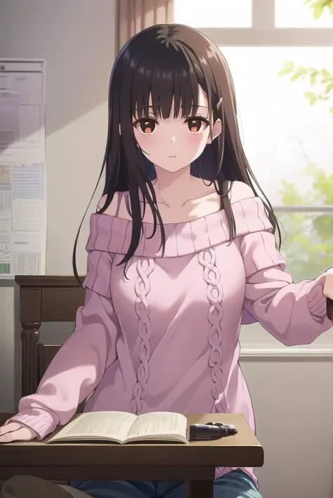 yumeirido, <lora:yume irido s1-lora-nochekaiser:1>,
yume irido, long hair, bangs, (black hair:1.5), hair ornament, (brown eyes:1.5), hairclip,
BREAK collarbone, off shoulder, sweater, off-shoulder sweater, pink sweater,
BREAK indoors, classroom,
BREAK looking at viewer, (cowboy shot:1.5),
BREAK <lyco:GoodHands-beta2:1>, (masterpiece:1.2), best quality, high resolution, unity 8k wallpaper, (illustration:0.8), (beautiful detailed eyes:1.6), extremely detailed face, perfect lighting, extremely detailed CG, (perfect hands, perfect anatomy),