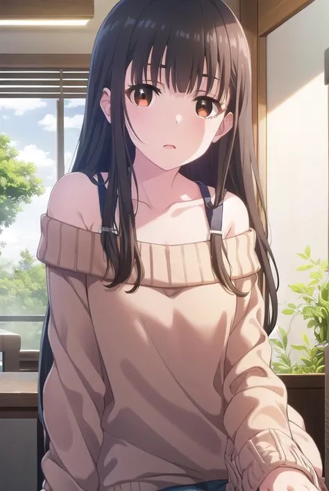 yumeirido, <lora:yume irido s1-lora-nochekaiser:1>,
yume irido, long hair, bangs, (black hair:1.5), hair ornament, (brown eyes:1.5), hairclip,
BREAK collarbone, off shoulder, sweater, off-shoulder sweater, pink sweater,
BREAK indoors, classroom,
BREAK looking at viewer, (cowboy shot:1.5),
BREAK <lyco:GoodHands-beta2:1>, (masterpiece:1.2), best quality, high resolution, unity 8k wallpaper, (illustration:0.8), (beautiful detailed eyes:1.6), extremely detailed face, perfect lighting, extremely detailed CG, (perfect hands, perfect anatomy),