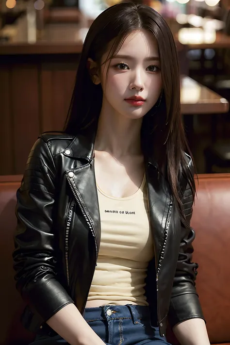 Best quality, masterpiece, ultra high res, (photorealistic:1.4), raw photo, 1girl, closeup, in coffeeshop, deep shadow, dark theme, sitting down, long hair, leather jacket, black tank top, angry