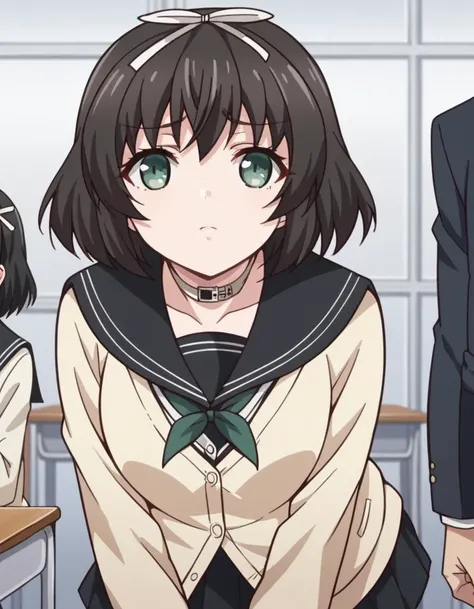 score_9, score_8_up, score_7_up, source_anime,
kanaehokari, <lora:kanae-hokari-ponyxl-lora-nochekaiser:1>
kanae hokari, short hair, black hair, ribbon, hair ribbon, green eyes,
skirt, school uniform, serafuku, collar, cardigan, black skirt, black sailor collar,
indoors, classroom, bent over,
looking at viewer, dutch angle, cowboy shot,