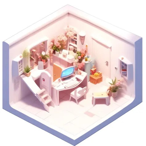 iszsks, no humans, table, from above, chair, plant, flower, door, white background, book, poke ball, trash can, computer, window, desk, no humans, isometric view, cutaway, diorama, isometric cutaway, cinematic lighting, masterpiece, best quality