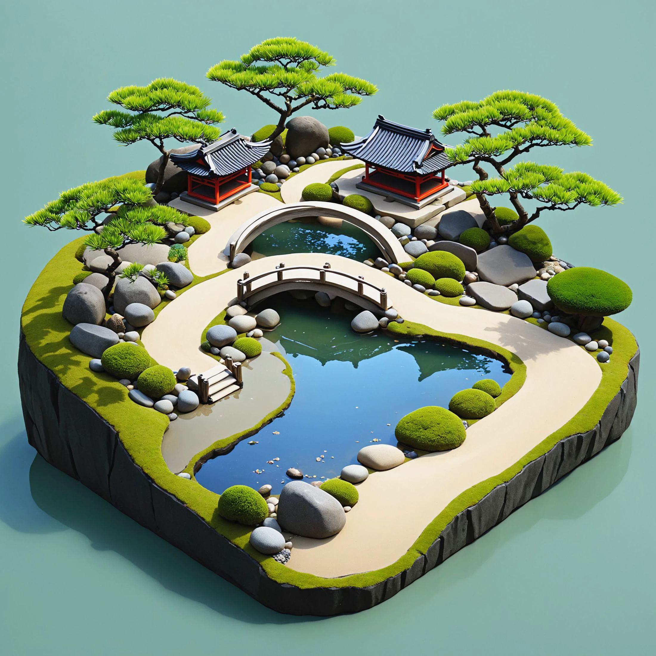 iszsks <lora:Isometric_Cutaway:1>, japanese garden, zen, Raked Gravel or Sand, Stone Pathways, Bonsai Trees, Pond, Water Features, Rock Arrangements, Ishi, Lanterns Tōrō, bamboo, no humans, isometric view, cutaway, diorama, miniature scene, isometric cutaway, masterpiece, best quality,