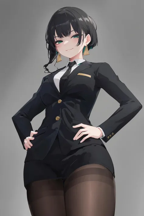 masterpiece, best quality, ALLMIND, 1girl, black hair, earring, green eyes, business suit, pencil skirt, pantyhose, high heels, smug, naughty smile, looking at viewer, cowboy shot, simple background, pointing at viewer, hand on hip, from below, <lora:Allmind AnythinV5 V2:0.7>