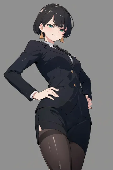 masterpiece, best quality, ALLMIND, 1girl, black hair, earring, green eyes, business suit, pencil skirt, pantyhose, high heels, smug, naughty smile, looking at viewer, cowboy shot, simple background, pointing at viewer, hand on hip, from below, <lora:Allmind AnythinV5 V2:0.7>