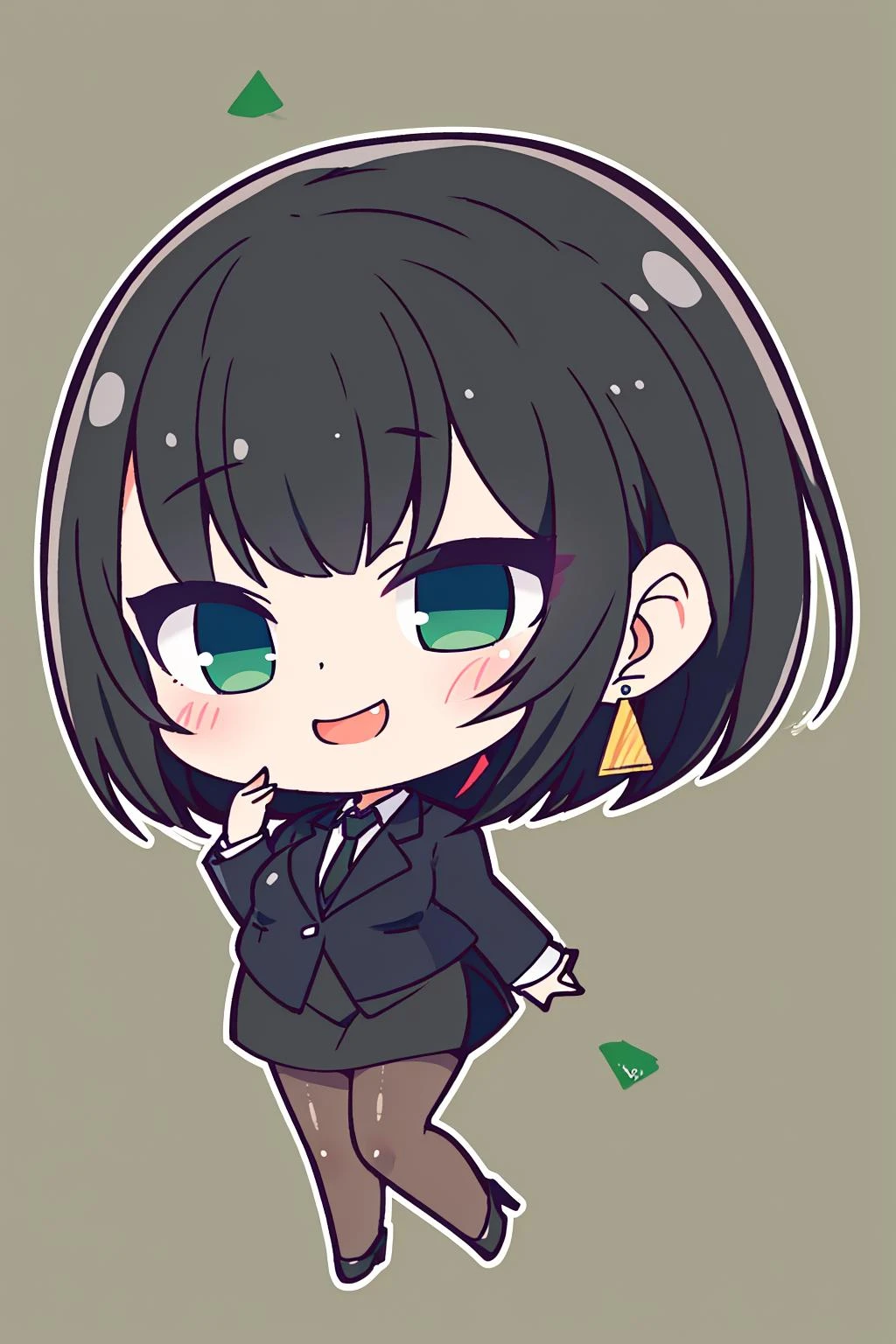 masterpiece, best quality, ALLMIND, 1girl, black hair, earring, green eyes, business suit, pencil skirt, pantyhose, high heels, smug, naughty smile, looking at viewer, simple background, chibi <lora:Allmind AnythinV5 V2:0.7>
