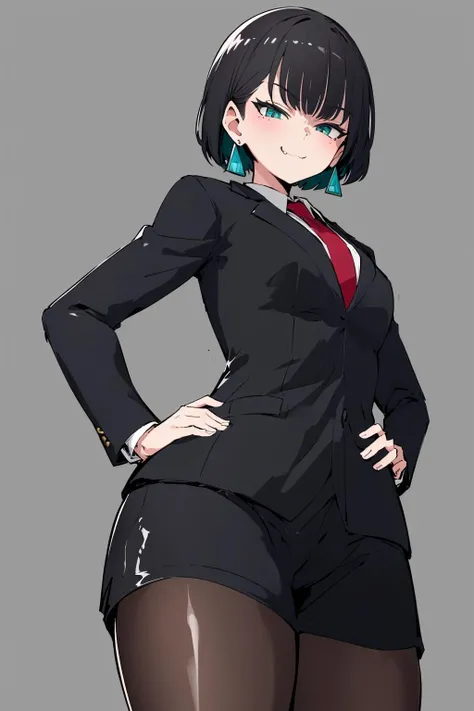 masterpiece, best quality, ALLMIND, 1girl, black hair, earring, green eyes, business suit, pencil skirt, pantyhose, high heels, smug, naughty smile, looking at viewer, cowboy shot, simple background, pointing at viewer, hand on hip, from below, <lora:Allmind AnythinV5 V2:0.7>