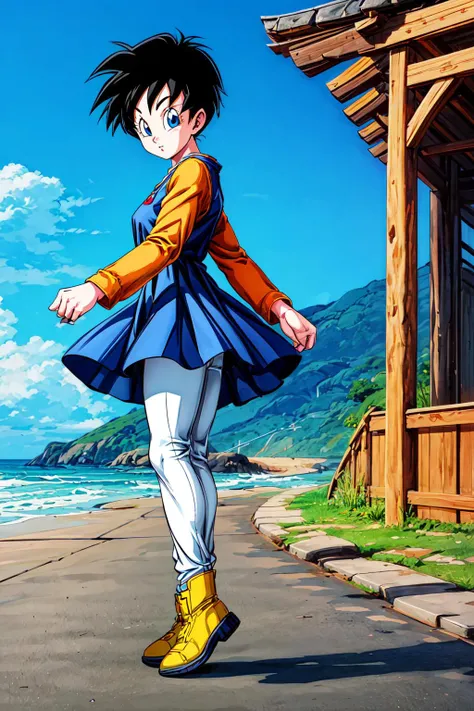 <lora:videlSatan:0.7>, videl, 1girl, solo, short hair, spiked hair, black hair, blue eyes, looking at viewer, white pants, orange shirt, long sleeves, boots, yellow footwear, shirt, ((blue sleeveless dress)),
<lora:add_detail:1>