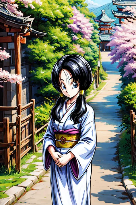 <lora:videlSatan:0.7>, videl, 1girl, solo, short twintails, black hair, looking at viewer, kimono, cherry blossoms, temple gate, 
 <lora:add_detail:1>