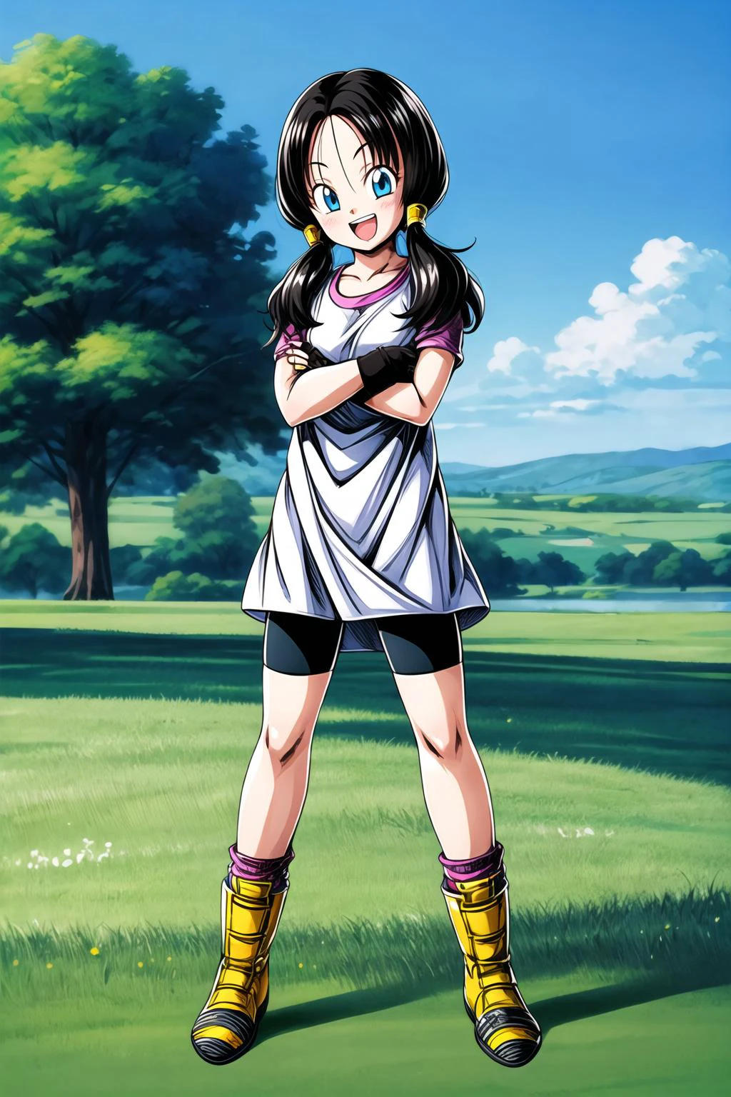 <lora:videlSatan:0.6>, 1girl, solo, smile, teeth, twintails, open mouth, blue eyes, t-shirt, black hair, gloves, full body, female focus, fingerless gloves, grass, bike shorts, yellow footwear, white_sleeveless_dress, sleeveless dress, socks, pink t-shirt, shaded, looking at viewer, crossed arms,
<lora:add_detail:1>