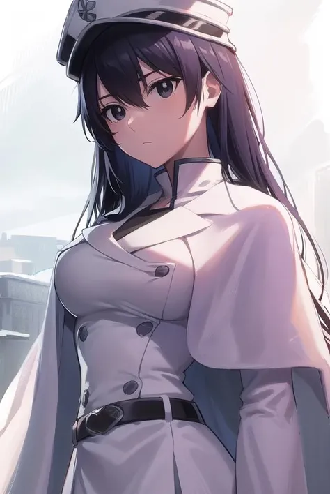Tifa, ((masterpiece)), ((best quality)), (white long coat), coat on shoulders,white navy soldier uniform ,(epaulettes), purple shirt, blue pants, upper body, looking at viewer, large breasts ,(hd), (full body shot), (high resolution)