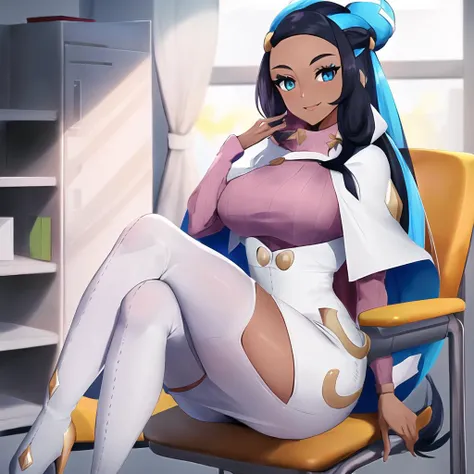 masterpiece, best quality, highly detailed, 1girl, solo, <lora:nessa_pokemon:0.8> (nessa_pokemon:1.3),
dark-skinned female, dark skin, blue eyes, aqua eyes, long hair, black hair, blue hair, aqua hair, multicolored hair, two-tone hair, hair bun, single hair bun, eyeshadow, seductive smile,
sitting, office, desk, chair
<lora:wicke_outfit-10:1> (wicke_outfit:1.4), capelet, white capelet, sweater, pink sweater, ribbed sweater, turtleneck, white skirt, high-waist skirt, high heels, boots, (white boots:1.3), pencil skirt