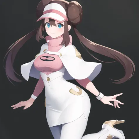 masterpiece, best quality, highly detailed, 1girl, solo, <lora:rosa_pokemon:0.8> (rosa_pokemon:1.3),
visor, brown hair, hair buns, long hair, twintails, blue eyes, smile,
simple background, cowboy shot,
<lora:wicke_outfit-10:0.8> (wicke_outfit:1.4), capelet, white capelet, sweater, pink sweater, ribbed sweater, turtleneck, white skirt, high-waist skirt, high heels, boots, (white boots:1.3), pencil skirt