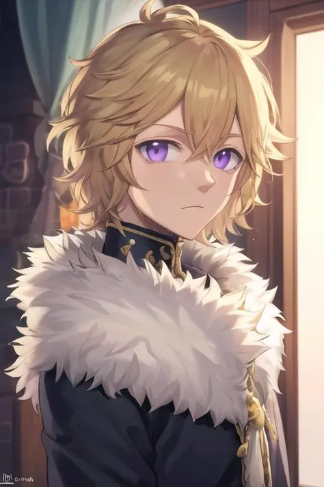 masterpiece, best quality, high quality, 1boy, solo, male focus, looking at viewer, upper body, <lora:julius_novachrono:0.78>, julius_novachrono, blonde hair, purple eyes, fur trim,