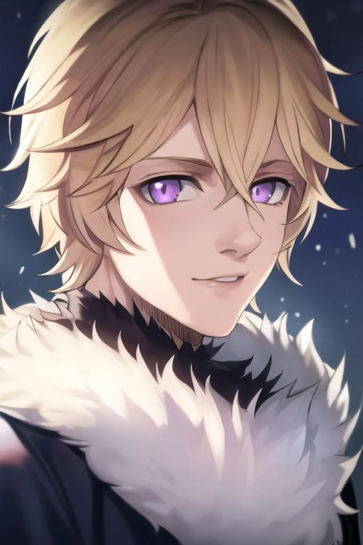 masterpiece, best quality, high quality, 1boy, solo, male focus, looking at viewer, upper body, <lora:julius_novachrono:0.72>, julius_novachrono, blonde hair, purple eyes, fur trim, realistic