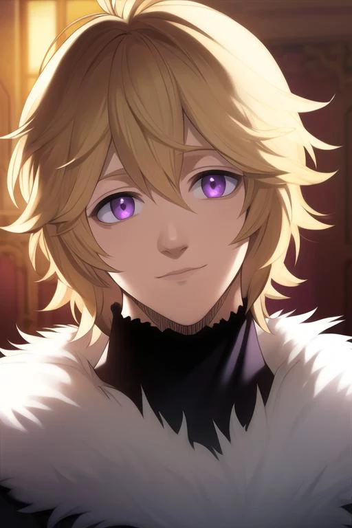 masterpiece, best quality, high quality, 1boy, solo, male focus, looking at viewer, upper body, <lora:julius_novachrono:0.72>, julius_novachrono, blonde hair, purple eyes, fur trim, realistic