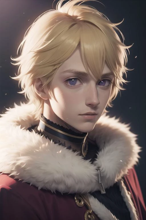 masterpiece, best quality, high quality, 1boy, solo, male focus, looking at viewer, upper body, <lora:julius_novachrono:0.82>, julius_novachrono, blonde hair, purple eyes, fur trim, realistic