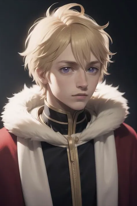 masterpiece, best quality, high quality, 1boy, solo, male focus, looking at viewer, upper body, <lora:julius_novachrono:0.72>, julius_novachrono, blonde hair, purple eyes, fur trim, realistic