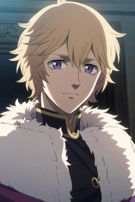 masterpiece, best quality, high quality, 1boy, solo, male focus, looking at viewer, upper body, <lora:julius_novachrono:0.80>, julius_novachrono, blonde hair, purple eyes, fur trim,