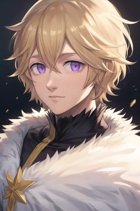 masterpiece, best quality, high quality, 1boy, solo, male focus, looking at viewer, upper body, <lora:julius_novachrono:0.76>, julius_novachrono, blonde hair, purple eyes, fur trim, realistic
