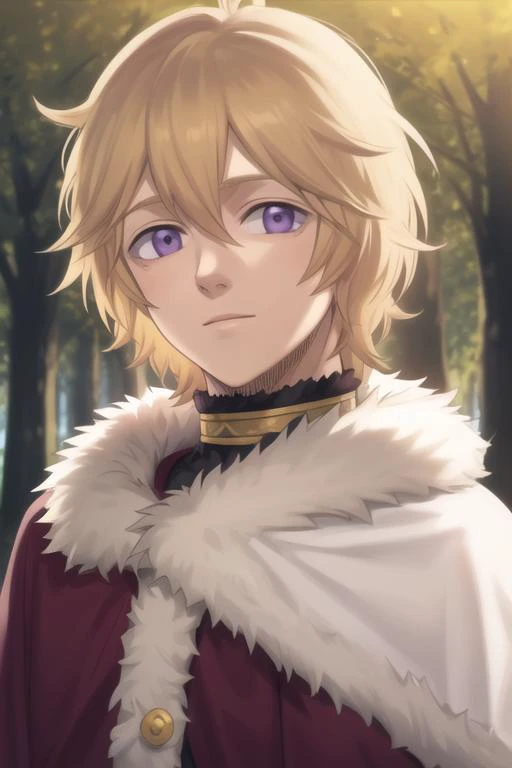 masterpiece, best quality, high quality, 1boy, solo, male focus, looking at viewer, upper body, <lora:julius_novachrono:0.82>, julius_novachrono, blonde hair, purple eyes, fur trim, realistic