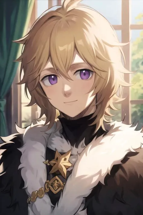 masterpiece, best quality, high quality, 1boy, solo, male focus, looking at viewer, upper body, <lora:julius_novachrono:0.80>, julius_novachrono, blonde hair, purple eyes, fur trim,
