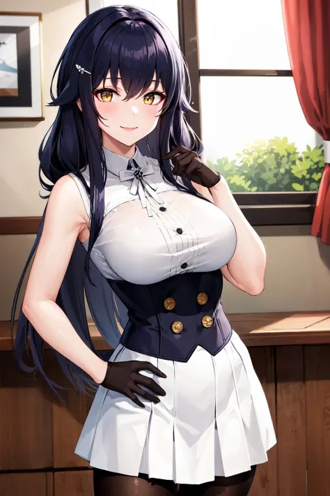 masterpiece, best quality, highres, aaazuma, long hair, hairclip, hair flaps, neck ribbon, white ribbon, white shirt, sleeveless, black gloves, underbust, buttons, white skirt, black pantyhose, <lora:azuma_(azur_lane)_v1:0.7>, hand on hip, smile,