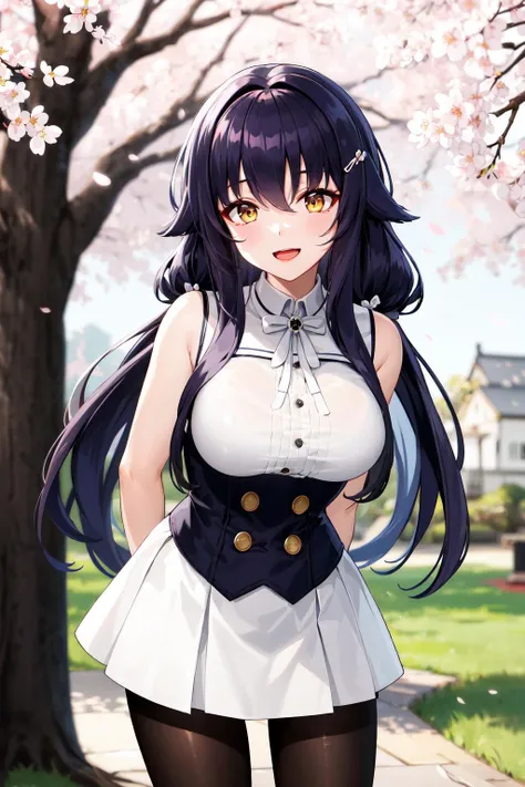 masterpiece, best quality, highres, aaazuma, long hair, hairclip, hair flaps, neck ribbon, white ribbon, white shirt, sleeveless, black gloves, underbust, buttons, white skirt, black pantyhose, <lora:azuma_(azur_lane)_v1:0.7>, standing, cowboy shot, outdoors