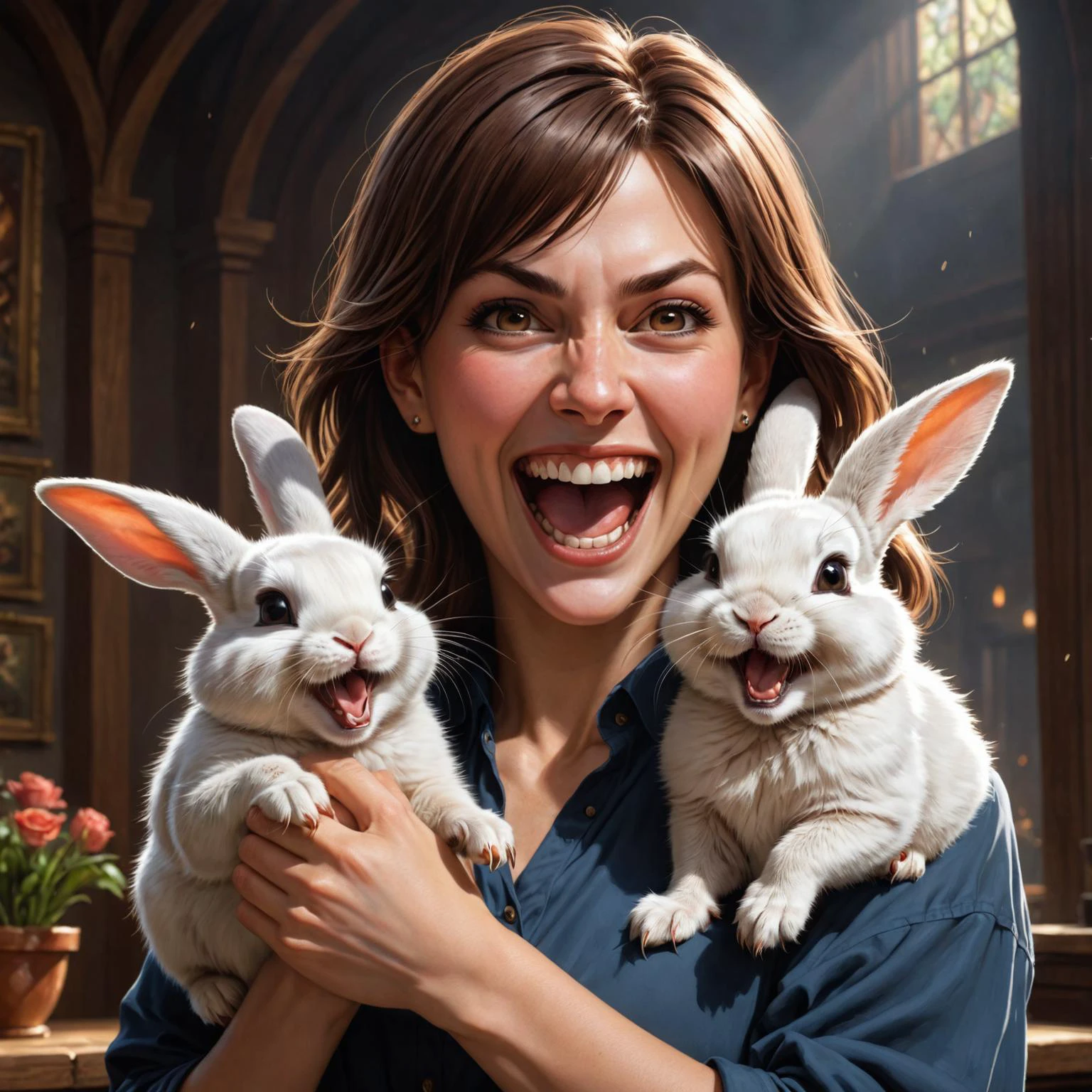 photorealistic painting by (((Lois van Baarle) and Ted Nasmith) and Charlie Bowater) and Chris Leib, cute Belgian woman dual wielding holding two bunnies, evil maniacal laughter <lora:maniacal_laughter:2> <lora:dual_pisols:1.25>, dof, <lora:more_art:0.20><lora:huge_anime_eyes:0.85><lora:attractive:0.75><lora:great_lighting:1.00><lora:aesthetic:0.85><lora:photorealistic_portrait:0.85><lora:clothing_slider:1.00><lora:RMSDXL_Enhance:0.35><lora:RMSDXL_Creative:0.35><lora:RMSDXL_Photo:0.45><lora:RMSDXL_Darkness_Cinema:0.50><lora:XDetail_heavy:0.45><lora:perfect_eyes:0.15><lora:perfect_hands:0.15><lora:midjourney:-0.15><lora:looking_at_viewer:0.75>