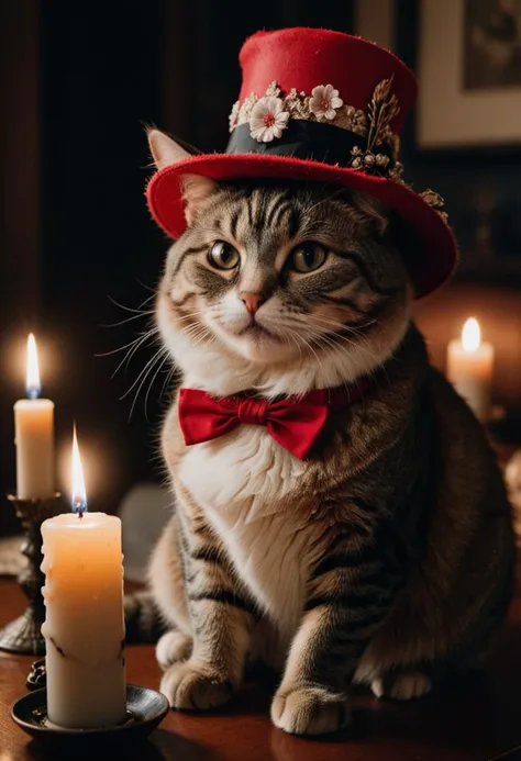 photograph, Conversational Flowery chubby The Cat in the Hat as Meiji Era Demon, blended visuals, Hair Clip, Navel, Candle light, film grain, Nikon d850, macro lens, lots of details <lora:RMSDXL_Enhance:2> <lora:RMSDXL_Darkness_Cinema:2>