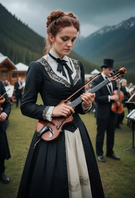 photograph, Victorian Gothic Art, Dire Inti, Playing in an orchestra, wearing God dress, Tie, Mutton Chops, near Ski resort, Stormy weather, soft focus, Simple illustration, film grain, compact camera, F/1.8 <lora:RMSDXL_Enhance:2> <lora:RMSDXL_Darkness_Cinema:2>