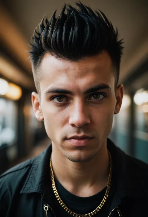 photograph, Tedious Malian David 8, Dark hair styled as Fauxhawk, Pressured Gold Tooth, tilt shift, Aetherpunk, soft light, film grain, dslr, Fish-eye Lens, icon style, crisp lines <lora:RMSDXL_Enhance:2> <lora:RMSDXL_Darkness_Cinema:2>