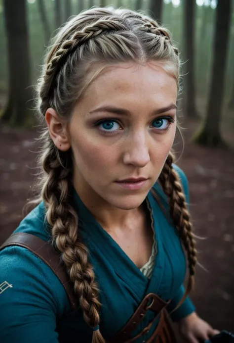photograph, aerial shot of a Stale Tough slender Elvish [Nero:Blake Lively:3], S-shape pose, Braids hairstyle, DayGlo blue Dashed Eyes, horizon-centered, Regret, Serial Art, soft lighting, film grain, Fujifilm XT3, Fish-eye Lens <lora:RMSDXL_Enhance:2> <lora:RMSDXL_Darkness_Cinema:2>